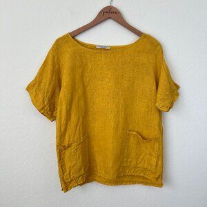 Francesca Bettini Top Womens Large Yellow Linen Boxy Italian Lagenlook Shirt L